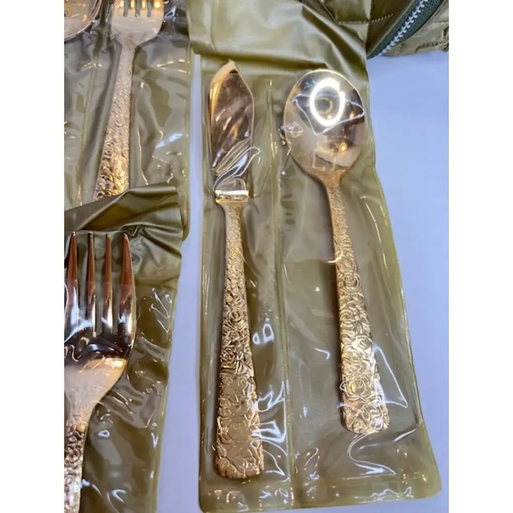 Vintage 1968 Cellini Romanesque Roses Gold Flatware Set 44Pc Japan w/ Case